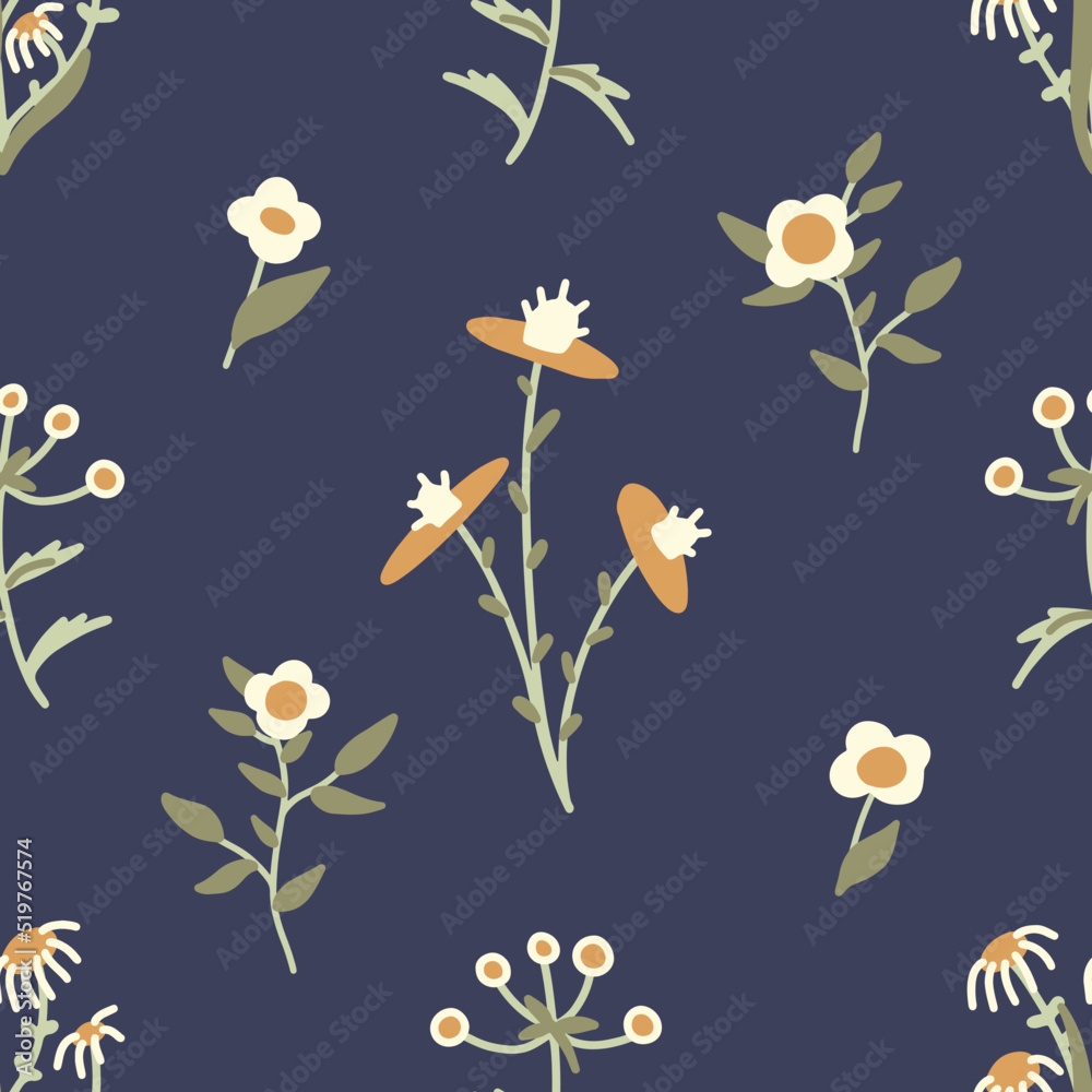 Seamless vector cute floral pattern with abstract wild flowers. Delicate botanical texture in flat style for fabric, textile print. Hand drawn field floral pattern background Seamless vector cute floral pattern with abstract wild flowers. Delicate botanical texture in flat style for fabric, textile print. Hand drawn field floral pattern background