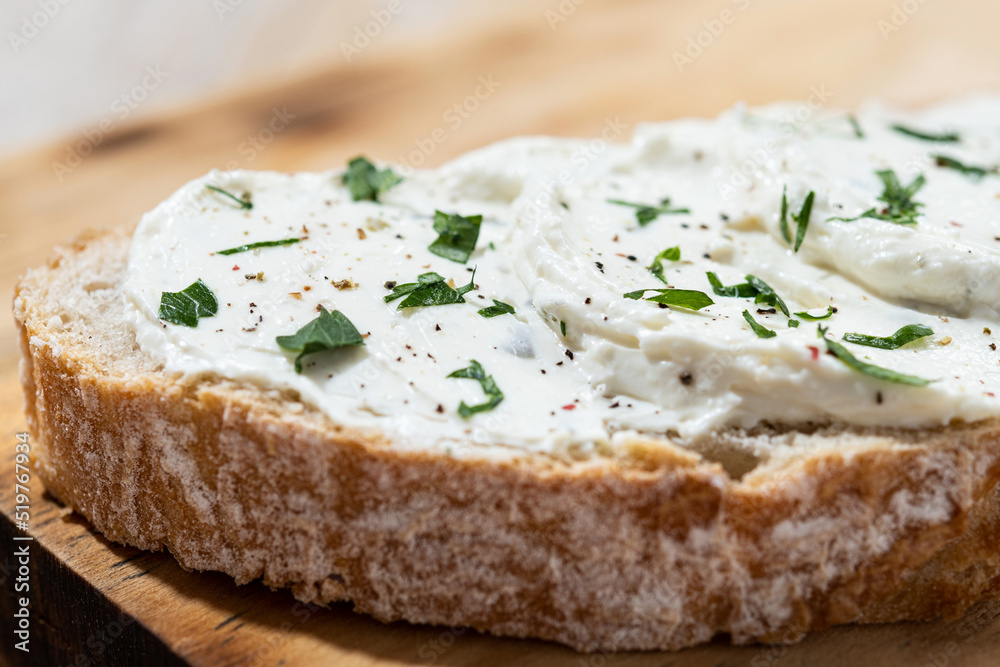 Cream cheese toast on cutting board. Close up Cream cheese toast on cutting board. Close up