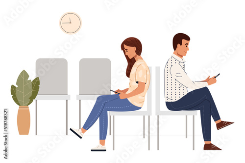 People sitting in a waiting room. Man and woman using smartphone while waiting. Colored flat vector illustration isolated on white background