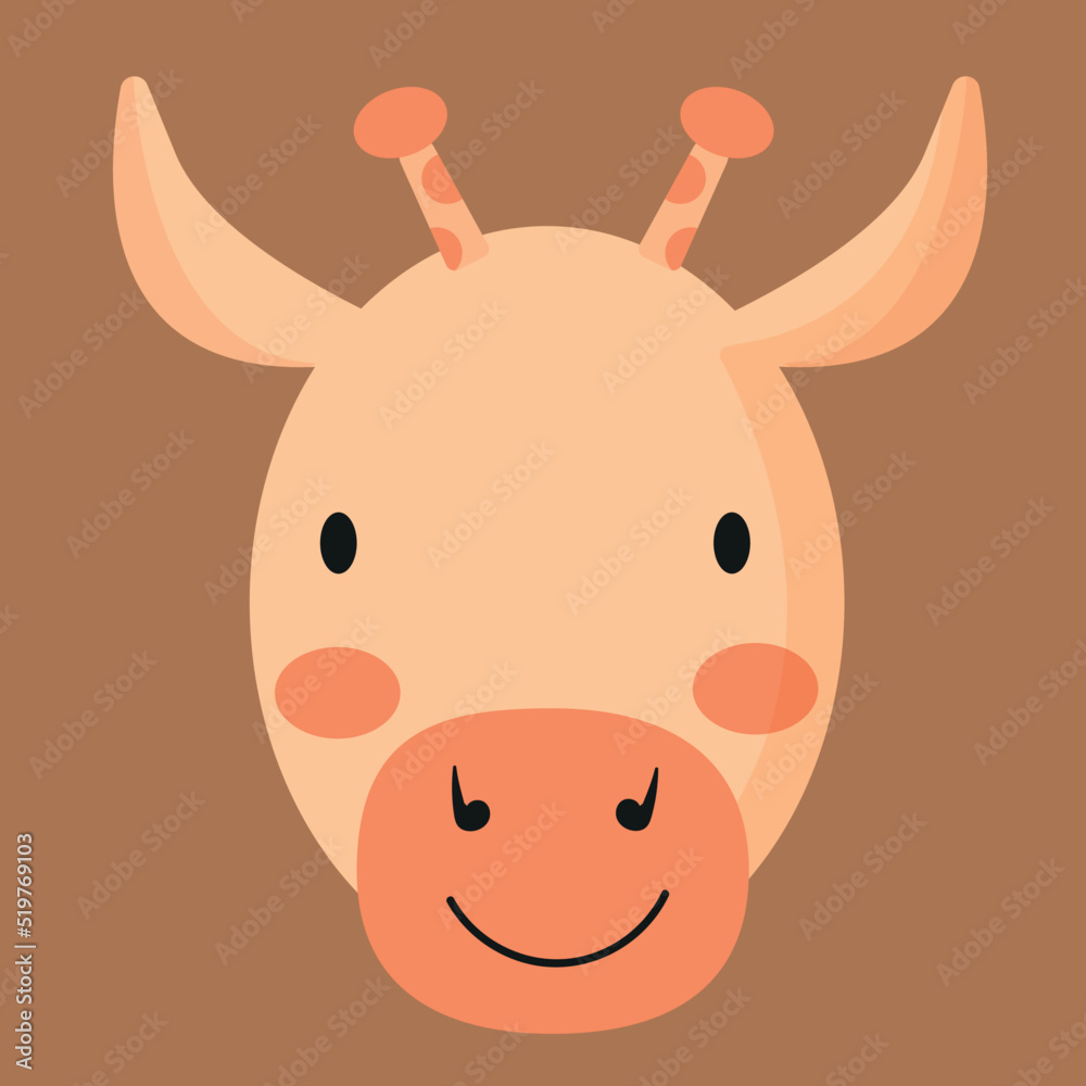 Cute animal face, avatar, giraffe head, muzzle. Nursery character card for childish design of wrapping paper, fabric, textile, poster, invitation, graphic, print. Flat cartoon vector illustration Cute animal face, avatar, giraffe head, muzzle. Nursery character card for childish design of wrapping paper, fabric, textile, poster, invitation, graphic, print. Flat cartoon vector illustration