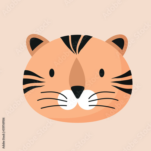 Cute animal face, avatar, tiger head, muzzle. Nursery character card for childish design of wrapping paper, fabric, textile, poster, invitation, graphic, print. Flat cartoon vector illustration