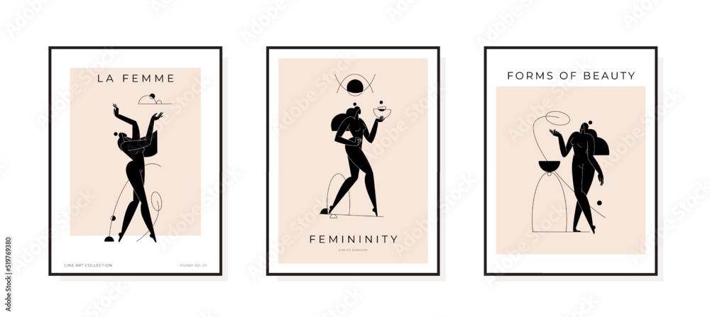 Trendy contemporary poster collection. Minimal female silhouette Abstract woman body feminine geometric composition. Beauty, Femininity concept, prints set for wall art decoration. Vector illustration