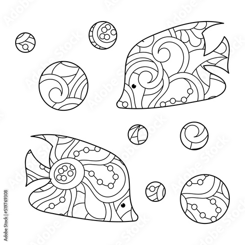 Fish and bubbles coloring book page. Underwater world. Hand-drawn Vector illustration. Mandalas and print design