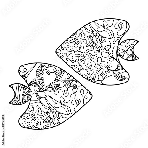 Underwater world coloring book pages. Algae and fish. Hand-drawn Vector coloring book.
