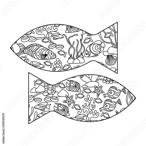 Underwater world coloring pages. Algae fish shells. Hand-drawn Vector coloring book.