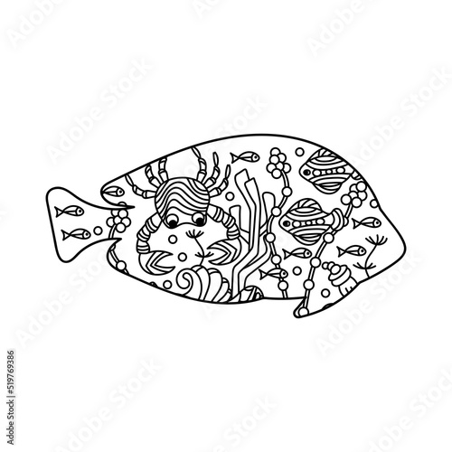 Underwater world coloring pages. Fish . Hand-drawn Vector coloring book.