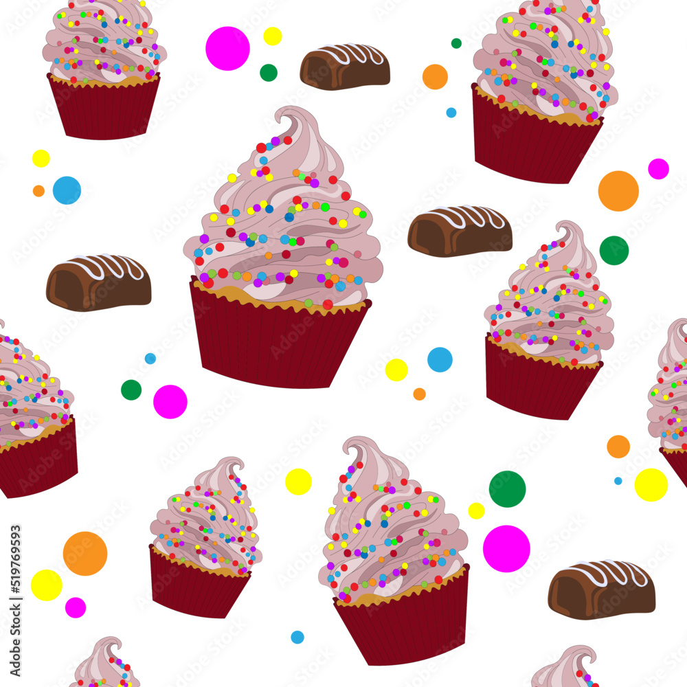 seamless pattern with cupcake, muffin decorated with whipped cream, sprinkles and chocolates. Sweet dessert. Background with dots, cupcakes and cakes. Print design for a pastry shop, shop, blogger seamless pattern with cupcake, muffin decorated with whipped cream, sprinkles and chocolates. Sweet dessert. Background with dots, cupcakes and cakes. Print design for a pastry shop, shop, blogger