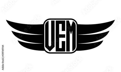 VEM three Letter wing minimalist creative concept icon eagle symbol professional black and white logo design, Vector template