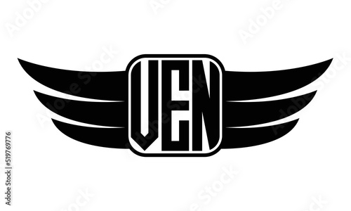 VEN three Letter wing minimalist creative concept icon eagle symbol professional black and white logo design, Vector template
