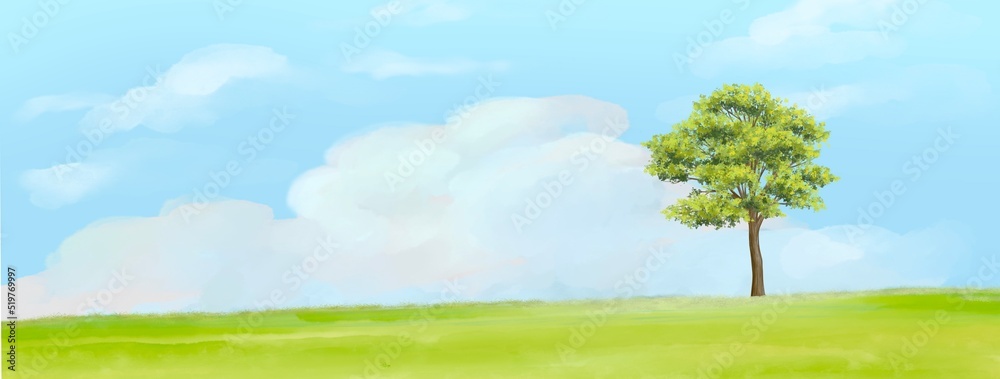 Watercolor green field and sky,landscape with tree and clouds illustration Watercolor green field and sky,landscape with tree and clouds illustration