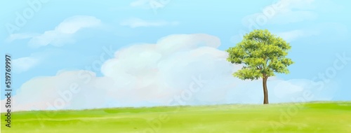 Watercolor green field and sky,landscape with tree and clouds illustration 