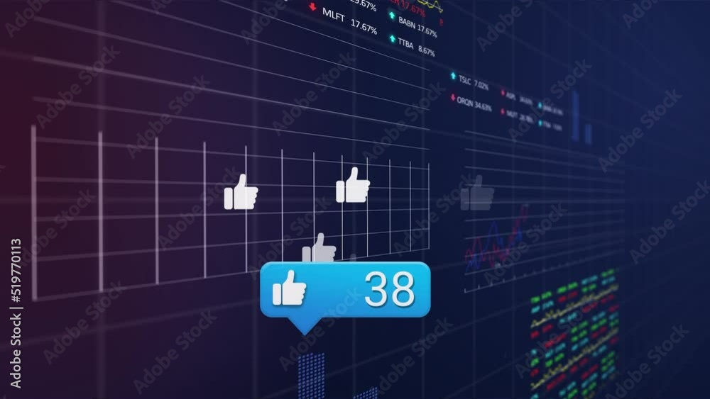 Animation of like with increasing numbers on speech bubble and stock market data processing Animation of like with increasing numbers on speech bubble and stock market data processing
