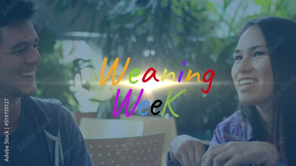 Weaning week text and spot of light over diverse boy and girl talking to each other at the cafe Weaning week text and spot of light over diverse boy and girl talking to each other at the cafe