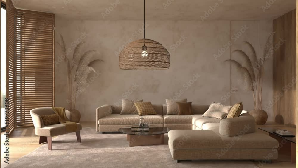 Modern interior japandi style design living room. Scandinavian apartment with wooden furniture. High quality footage 4K. 3d render illustration video.