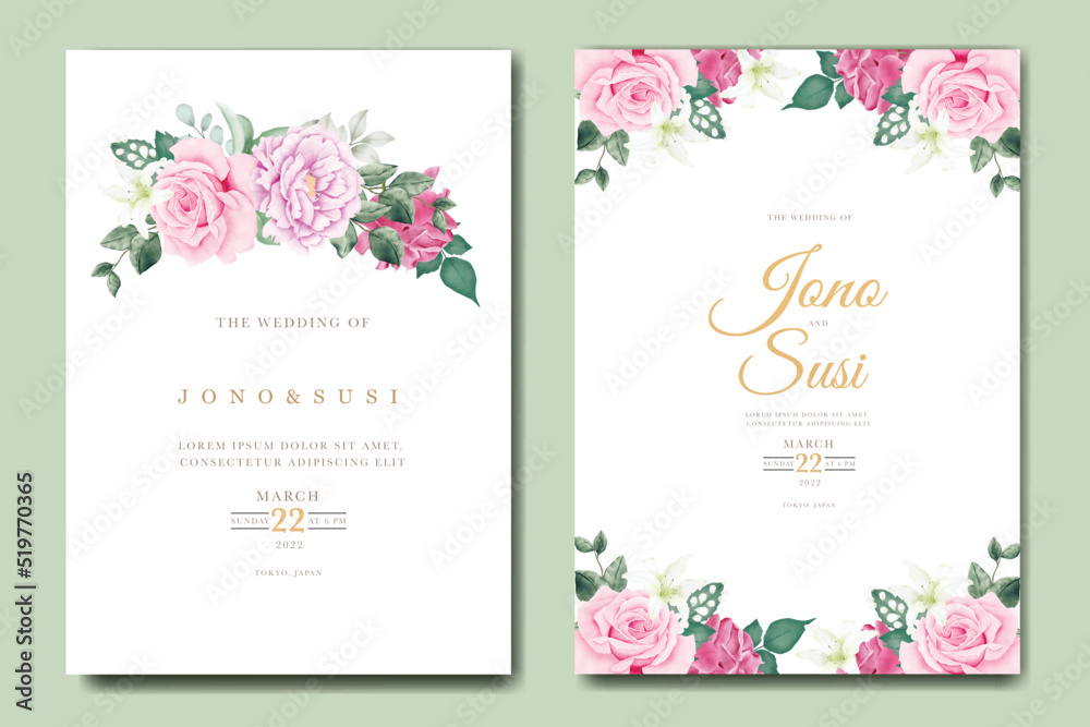 Beautiful wedding invitation card template with floral leaves 