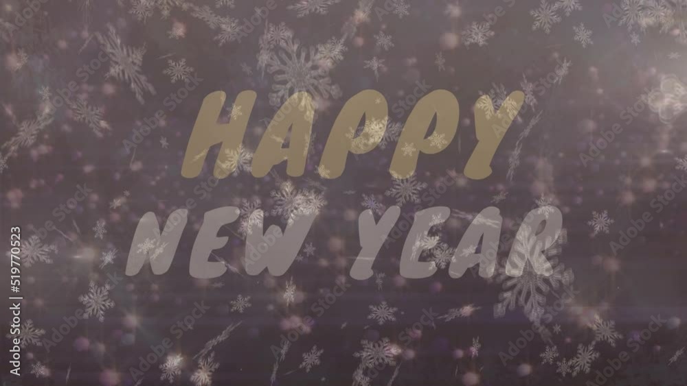 Animation of snowflakes falling over happy new year text against spots of light on purple background Animation of snowflakes falling over happy new year text against spots of light on purple background
