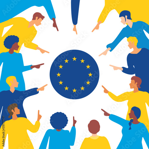 Ukrainian people in flat style blame the European Union. Ukrainian refugees blame European Union. Support Ukraine concept. The guilt of the crisis. Dissatisfied people of Ukraine.Сrisis in europe 2022