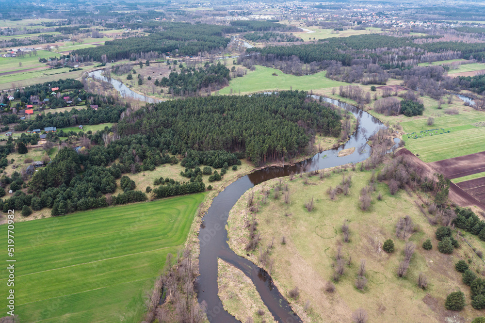 Drone photo of River Liwiec near Starowola village, Mazowsze region of Poland
