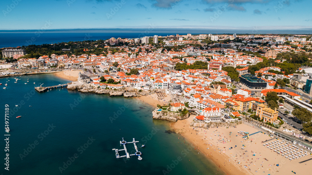 Aerial view of Conceicao and Duquesa beaches in Cascais, Portugal during a summer day
