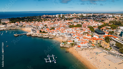 Aerial view of Conceicao and Duquesa beaches in Cascais, Portugal during a summer day