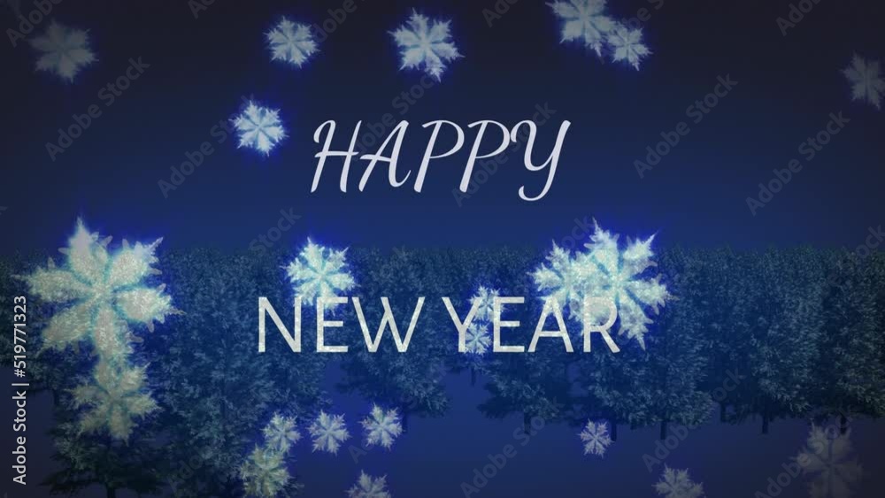 Animation of happy new year text with snow falling over winter landscape Animation of happy new year text with snow falling over winter landscape