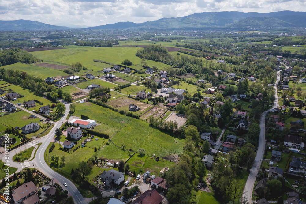 Aerial view of Miedzyrzecze Gorne village in Silesia region of Poland