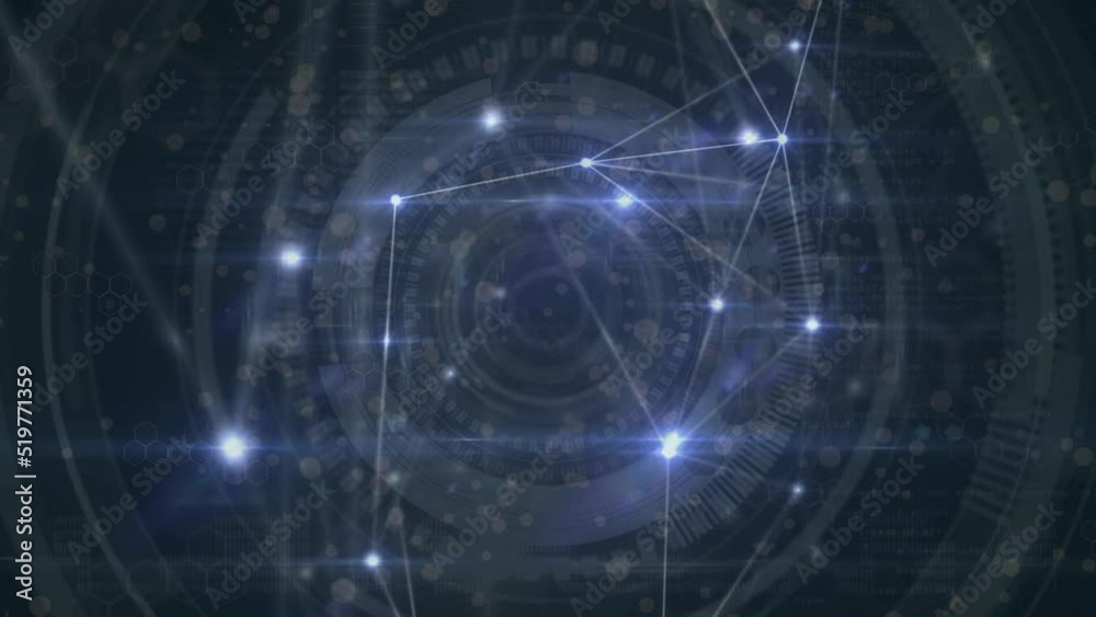 Animation of network of connections with light spots over scope scanning on black background Animation of network of connections with light spots over scope scanning on black background