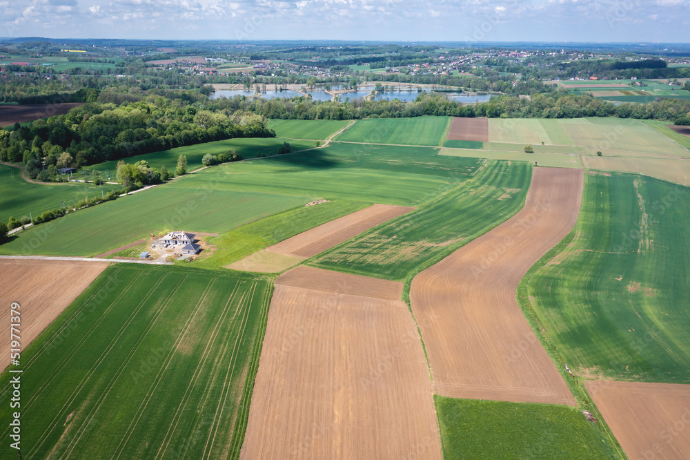 Drone photo of fields in Miedzyrzecze Gorne village in Silesia region, Poland