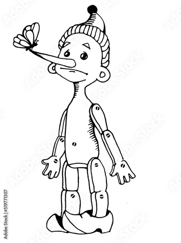 Illustration for children's book Pinocchio with a butterfly, coloring book