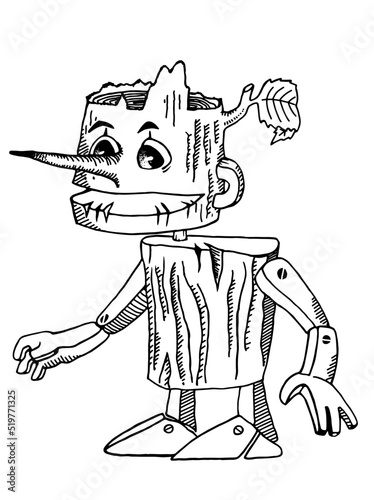 Illustration for children's book Pinocchio, wooden man, coloring book
