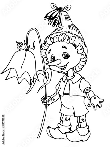 Illustration for children's book Pinocchio with a flower bell; coloring book