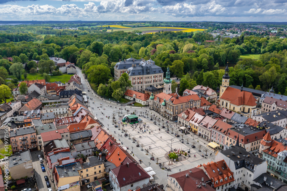 Drone photo of historic part and Market Square of Pszczyna city, Silesian Voivodeship in Poland