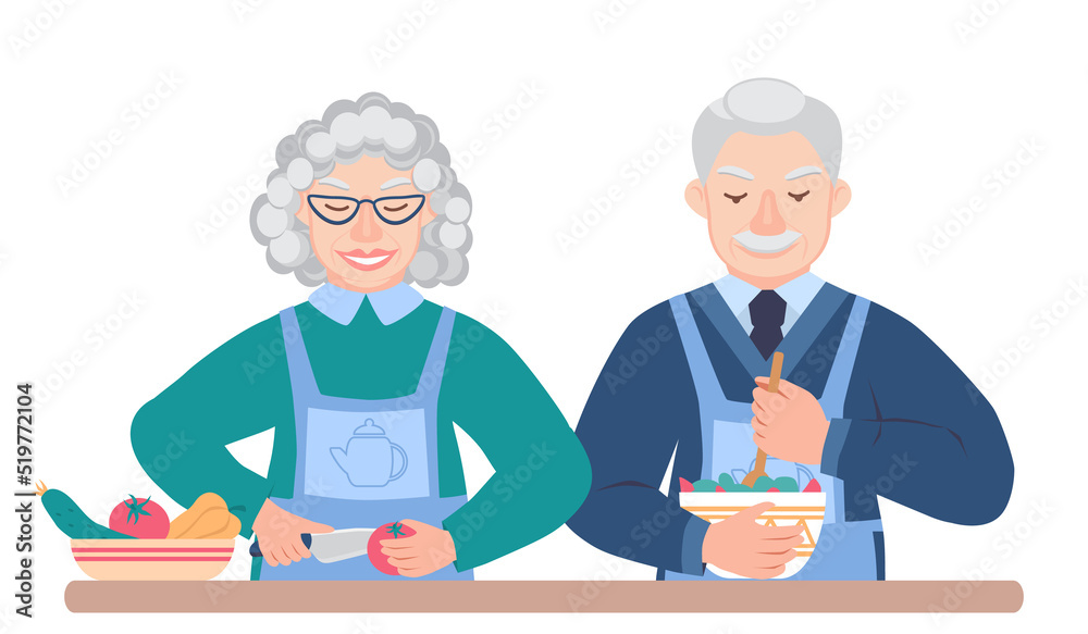 Elderly couple cooks together in the kitchen. Grandma cuts vegetables. Grandpa is stirring the salad. Housework. Illustration in flat style on a white background Elderly couple cooks together in the kitchen. Grandma cuts vegetables. Grandpa is stirring the salad. Housework. Illustration in flat style on a white background