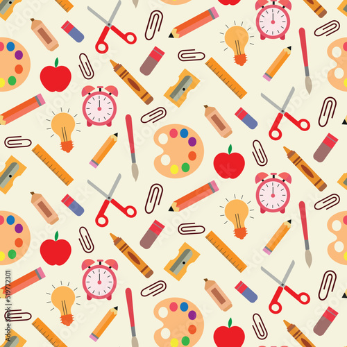  School supplies seamless pattern with clock alarm, color palette, crayon, pencil, alarm clock and apples on light cream background. For back to school posters, stationary and wrapping paper 