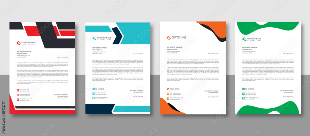 a bundle of 4 minimalist corporate and modern business letterhead template, professional & creative letterhead template design with geometric shape, abstract design and vector template design 