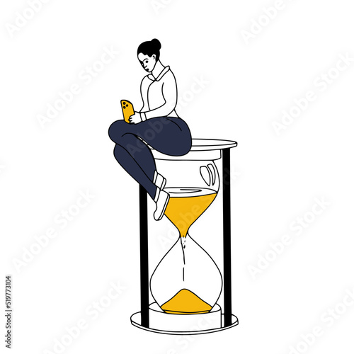 Outline woman with smartphone waste time sitting on hourglass. 