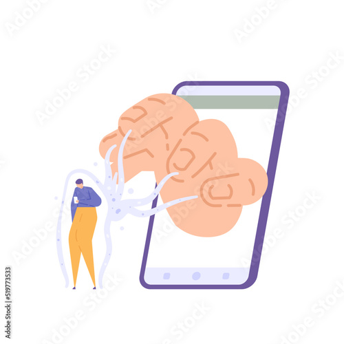 gadget slave. the user is controlled or enslaved by the smartphone. gadget addiction. flat cartoon illustration. vector concept design
