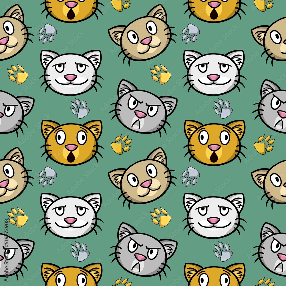 Cute Cats with different emotions, Funny print with cat faces, Seamless square pattern