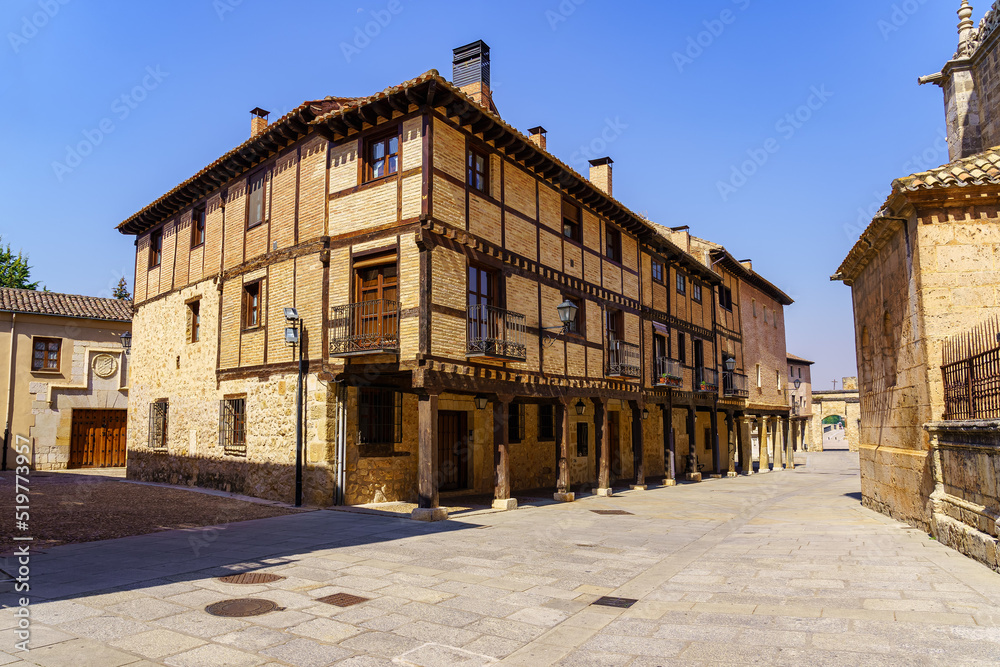 Old buildings next to the cathedral with its typical architecture and wooden balconies, El Burgo de Osma, Soria.