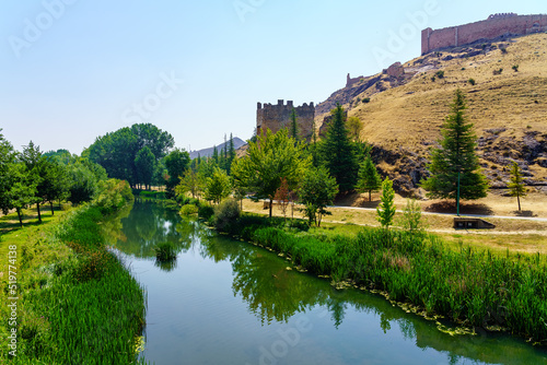 Ucero river passing quietly next to the wall of the medieval city of Burgo de Osma  Soria.