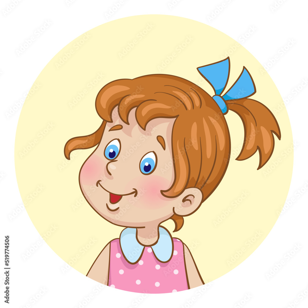 Portrait of a little cute girl.  Avatar icon in the circle. In cartoon style. Isolated on white background. Vector illustration.