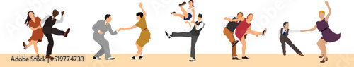 Set of pairs dancing. Men and women dancing Lindy hop or swing. 