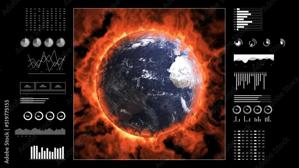 Climate changes analysis. Digital interface with animated infographics, data report and stats. Global warming study concept. Earth globe 3d burning for climate changes.