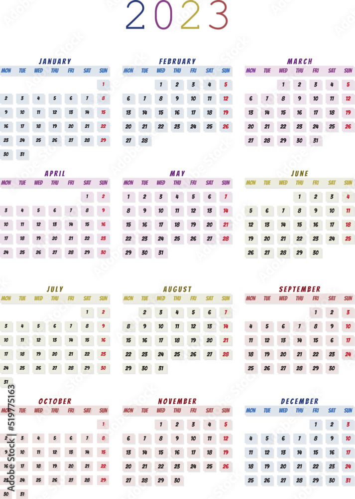 Calendar for 2023 vector and illustrator. Week start on monday. Simple, colorful and elegant calendar design and the sunday in red color. Calendar for 2023 vector and illustrator. Week start on monday. Simple, colorful and elegant calendar design and the sunday in red color.