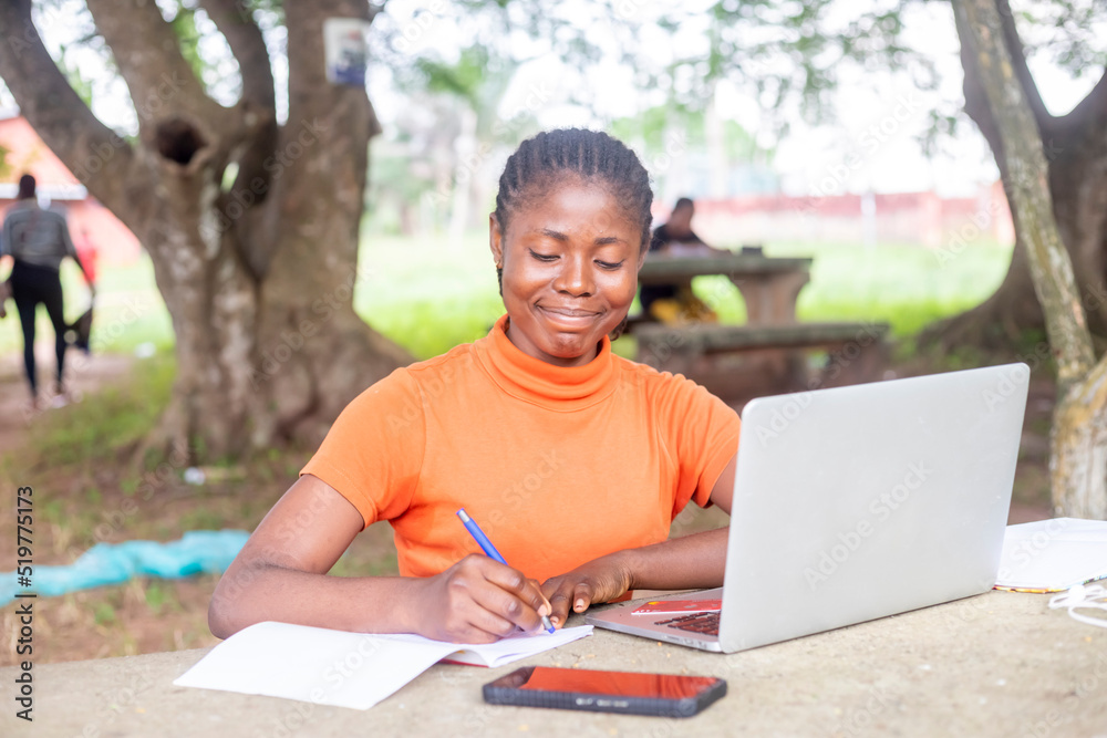 smiling young African female blogger using laptop technology writing blog article for online news smiling young African female blogger using laptop technology writing blog article for online news