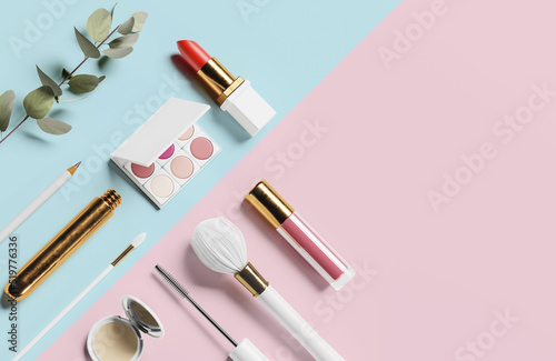 Glamour female set and make up cosmetic tools colorful background wallpaper.