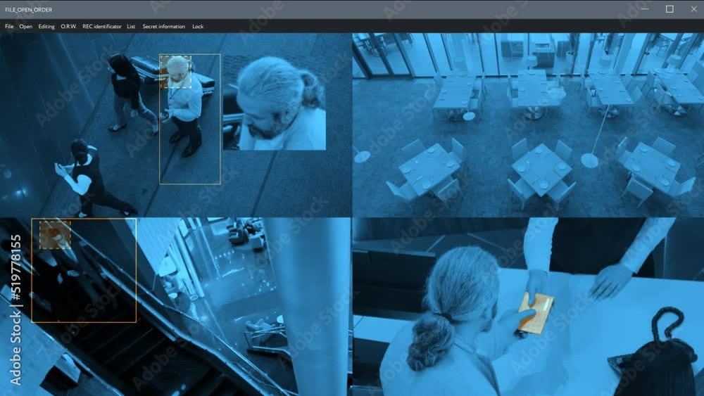 Split screen of security cameras footage of people at front desk in hotel, hallways, restaurant