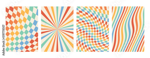 Groovy rainbow backgrounds. Chessboard, grid, waves, swirl, twirl pattern.. Twisted and distorted vector texture in a trendy retro psychedelic style. The aesthetics of the hippies of the 70s.