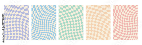 A set of chess board backgrounds in pale pastel colors. Clockwork chessboard pattern in hippie style. Retro-psychedelic design of the 60-70s. A collection of vector wallpapers in a cage.