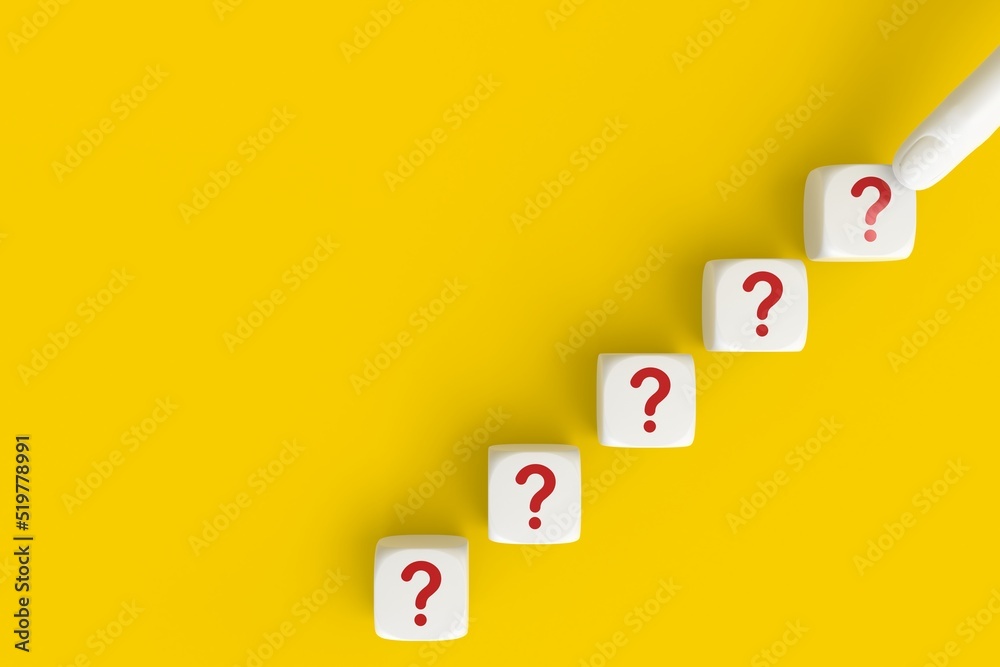 Questions Mark word in cube block on yellow background. FAQ Answer, Q&A. Copy space. 3D rendering Questions Mark word in cube block on yellow background. FAQ Answer, Q&A. Copy space. 3D rendering